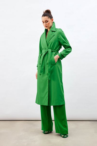 Sateen Belted Long Trench - Green