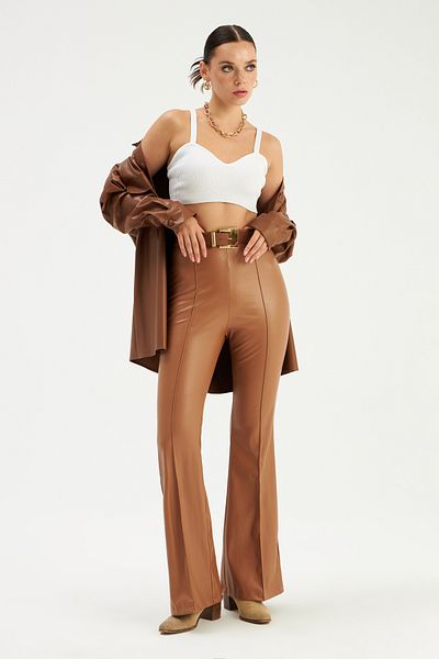 Sateen Flared Leg Leather Trousers - Brown