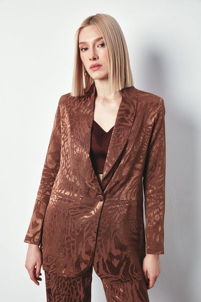 Sateen Shawl Collar Patterned Jacket - Brown