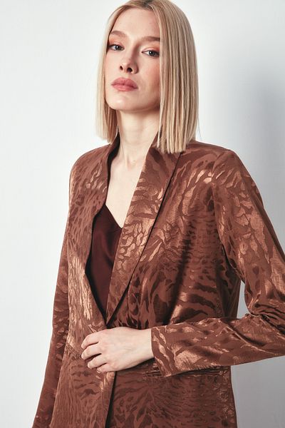 Sateen Shawl Collar Patterned Jacket - Brown