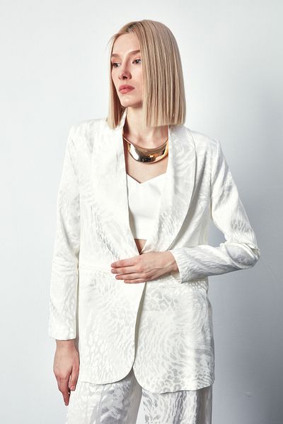 Sateen Shawl Collar Patterned Jacket - Ecru