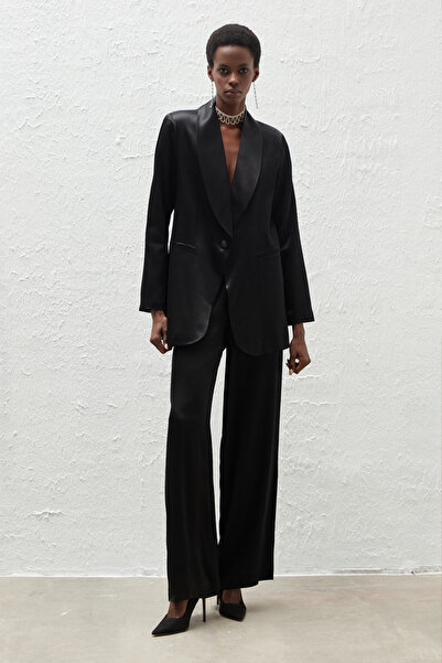 Sateen High Waist Satin Trousers - Black