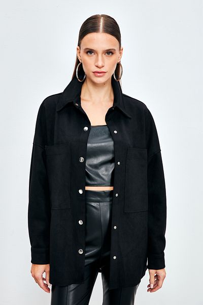Sateen Casual Suede Pocket Jacket Shirt - Black