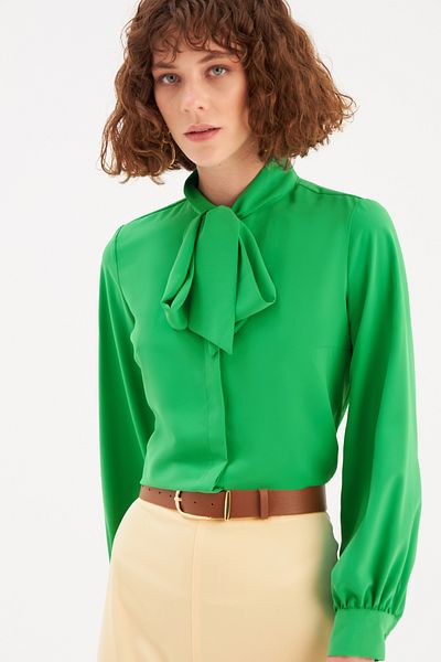 Sateen Tie Collar Plain Shirt - Green