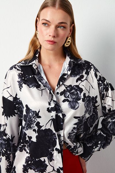 Sateen Casual Shirt - Floral Pattern, BLACK