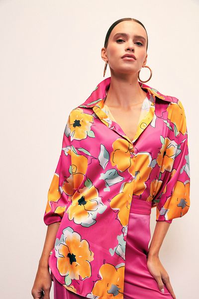 Sateen Floral Patterned Oversize Shirt - Fuchsia