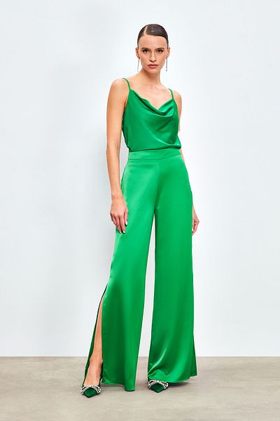 Sateen Slit Detailed Satin Trousers - Green