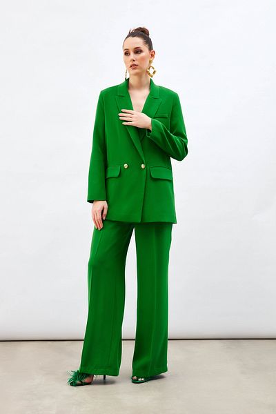 Sateen Pile Detailed Casual Trousers - Green