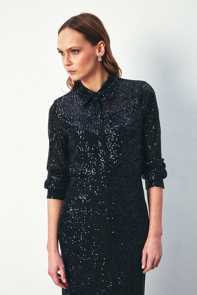 Sateen Casual Sequined Black Shirt