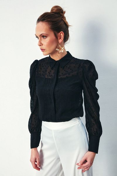 Sateen Polka Dot Textured Shirt - BLACK