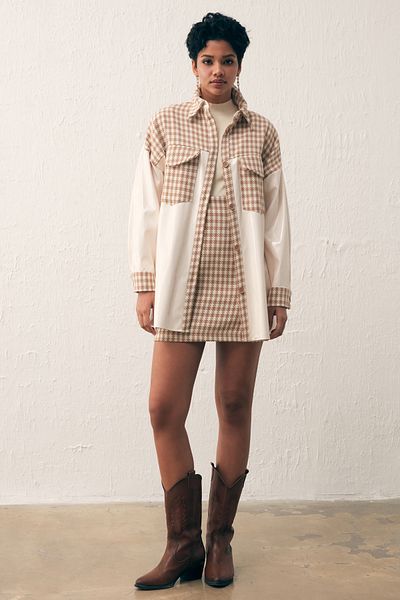 Sateen Patent Leather Houndstooth Shirt - Camel
