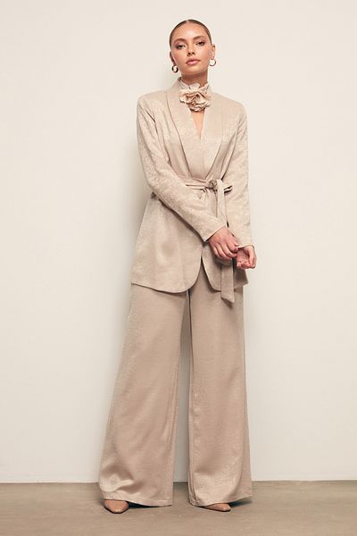 Sateen Beige Colored Wide Leg Trousers