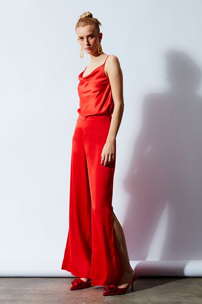 Sateen Slit Detailed Satin Trousers - Orange