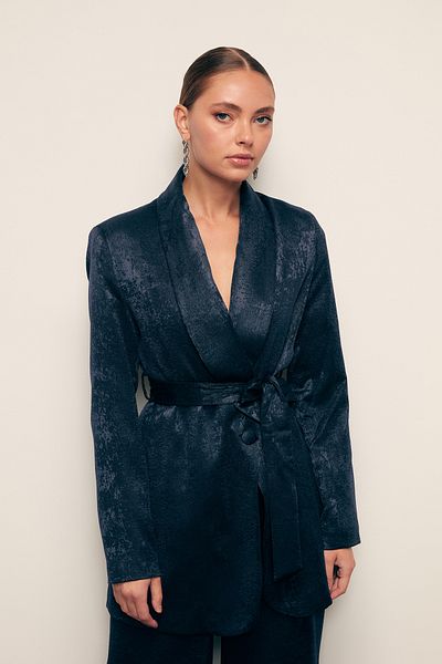 Sateen Navy Blue Long Belted Jacket