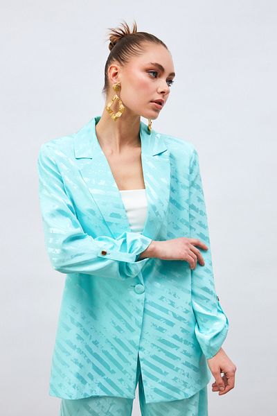 Sateen Patterned Casual Jacket with Sleeve Detail - Turquoise
