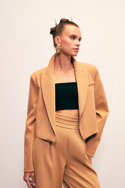 Sateen Shawl Collar Short Jacket - Camel