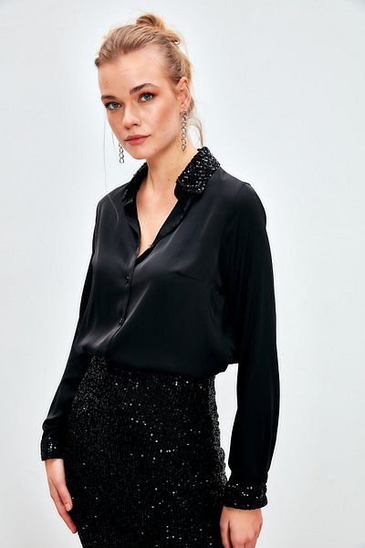 Sateen Sequin Detailed Satin Shirt - BLACK