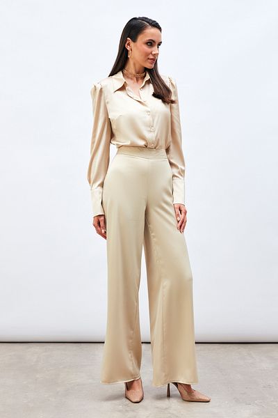 Sateen Slit Detailed Satin Trousers - Beige