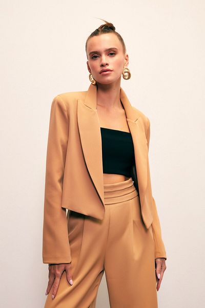 Sateen Shawl Collar Short Jacket - Camel