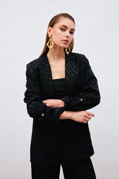 Sateen Patterned Casual Jacket with Sleeve Detail - Black