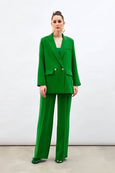 Sateen Pile Detailed Casual Trousers - Green
