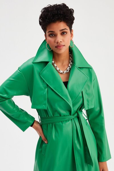 Sateen Δερμάτινο μακρύ παλτό με ζώνη πράσινο