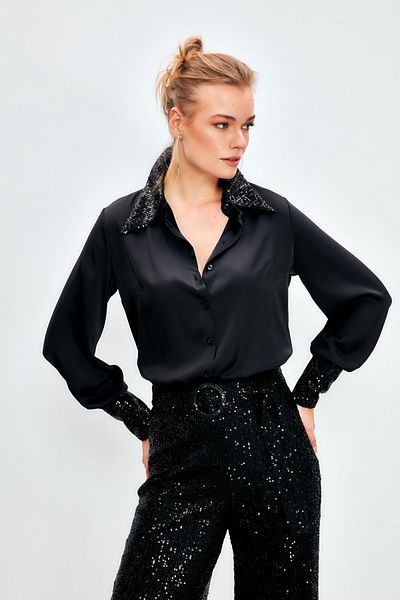 Sateen Sequin Detailed Satin Shirt - BLACK