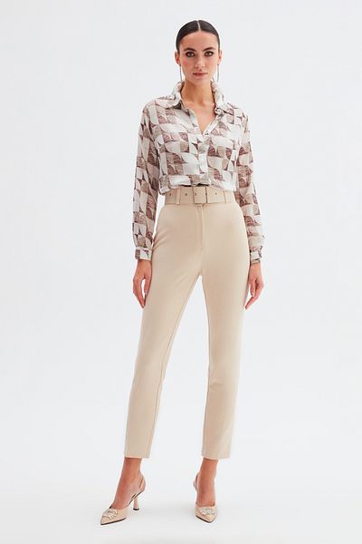 Sateen Pantaloni cu curea cu talie înaltă - bej