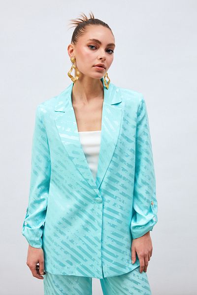 Sateen Patterned Casual Jacket with Sleeve Detail - Turquoise