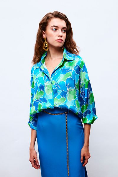 Sateen Floral Patterned Casual Shirt - DARK BLUE-GREEN