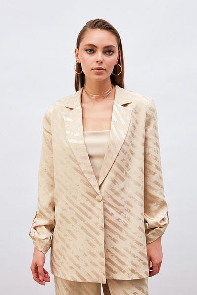 Sateen Patterned Casual Jacket with Sleeve Detail - Beige