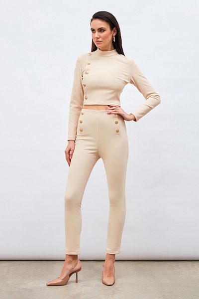 Sateen Button Detailed Trousers - Beige