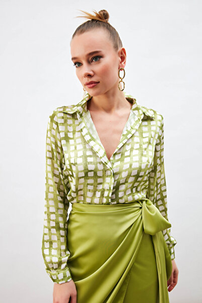 Sateen Desenli Düz Gömlek - Yağ Yeşili