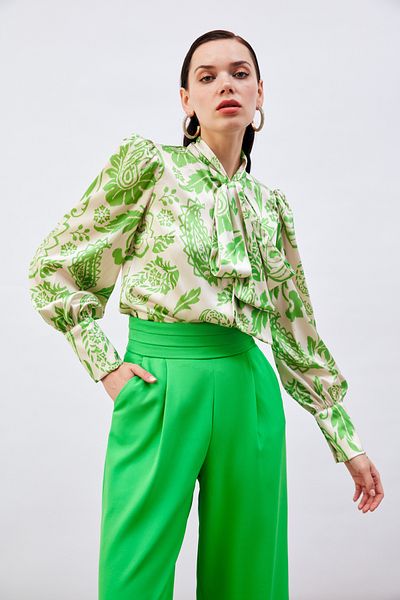 Sateen Patterned Shirt with Scarf - Green