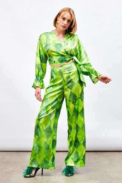 Sateen High Waist Patterned Trousers - Green