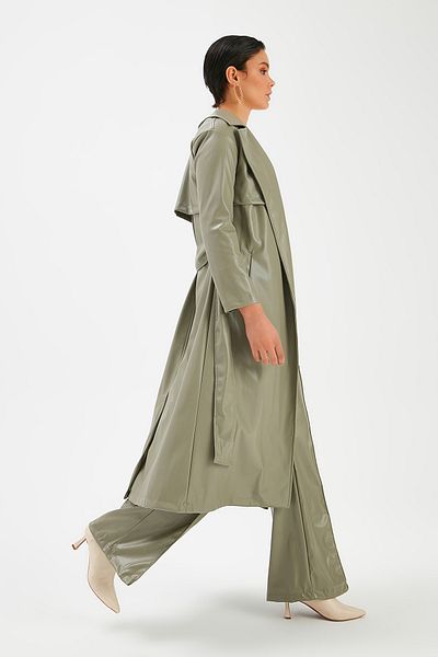 Sateen Leather Trench with Long Belt - Green