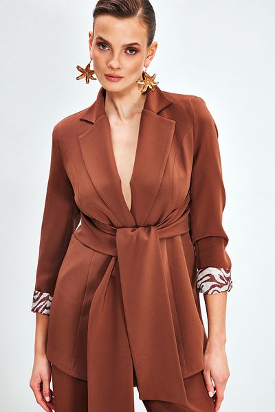 Sateen سترة طويلة برباط على الخصر - بني