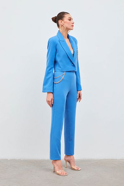 Sateen Pantaloni cu accesorii lant albastru