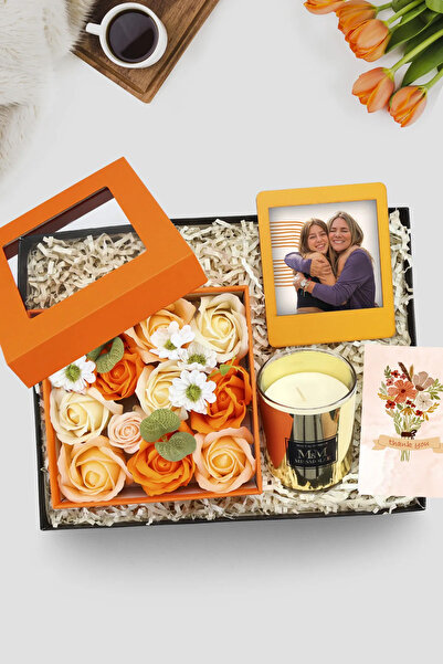 Trendmiya Turuncu Gül Kutusu & Gold Bardak Mum & Turuncu Instagram Çerçeve He...