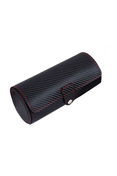 Chavin 3-Piece Leather Black Carbon Fiber Cylindrical Organizer Travel Watch Box st1-71