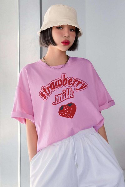 Teenage Millionaire Strawberry Strawberry Printed Pink Oversize Salas Boyfriend Women's T-shirt