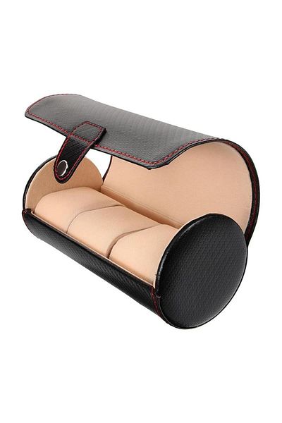 Chavin 3-Piece Leather Black Carbon Fiber Cylindrical Organizer Travel Watch Box st1-71
