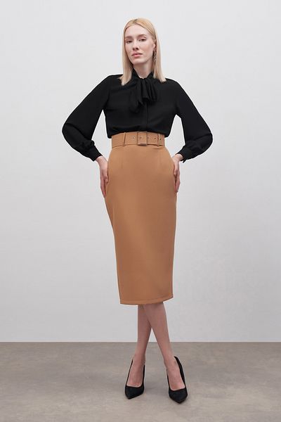 Sateen Belted Pencil Skirt - Camel