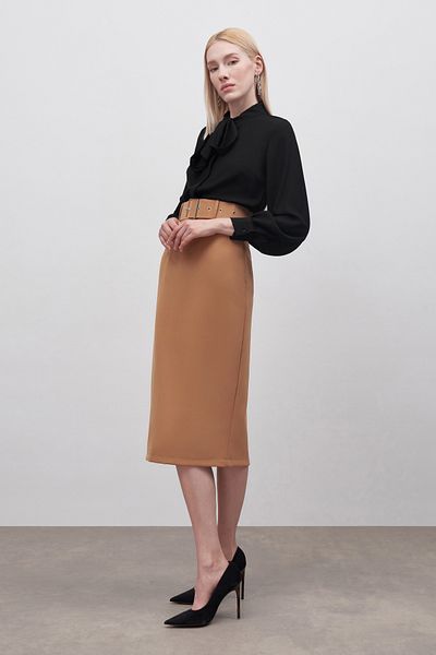 Sateen Belted Pencil Skirt - Camel