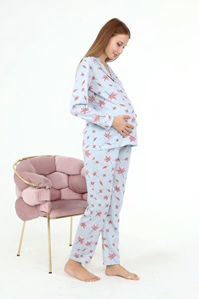 Genel Markalar Likapa Penye Önden Düğmeli Hamile Lohusa Uzun Kol Pijama Takımı