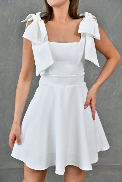 lovebox Strapless Collar and Tie Detailed Flared Cut White Evening Dress - Atlas Fabric 2030
