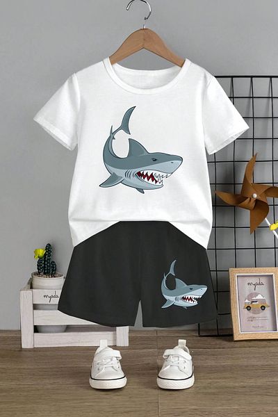 MYADA Shark Printed Children's Set - Crew Neck, Elastic Shorts, Set of 2 12490