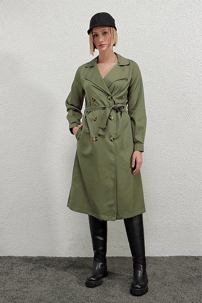 hazelin Women's Çağla Double Breasted Collar Belted Unlined Seasonal Comfortable Trench Coat Hzl22s-bd158531