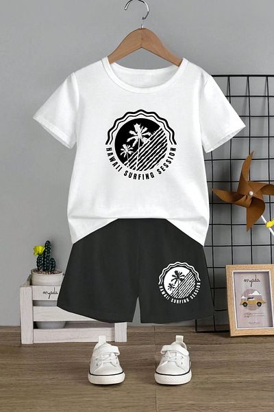 MYADA Hawaii Surfing Printed 2-Piece Kids Set - Crew Neck and Elastic Shorts 11295