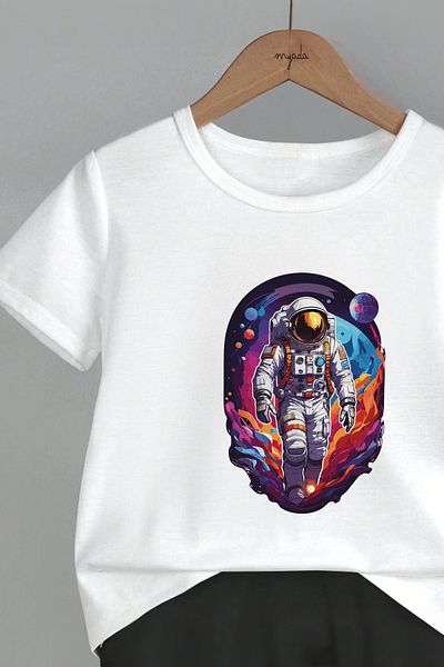 MYADA Astronaut Printed Children's Set with Long Shorts - Crew Neck, Elastic, Set of 2 12356